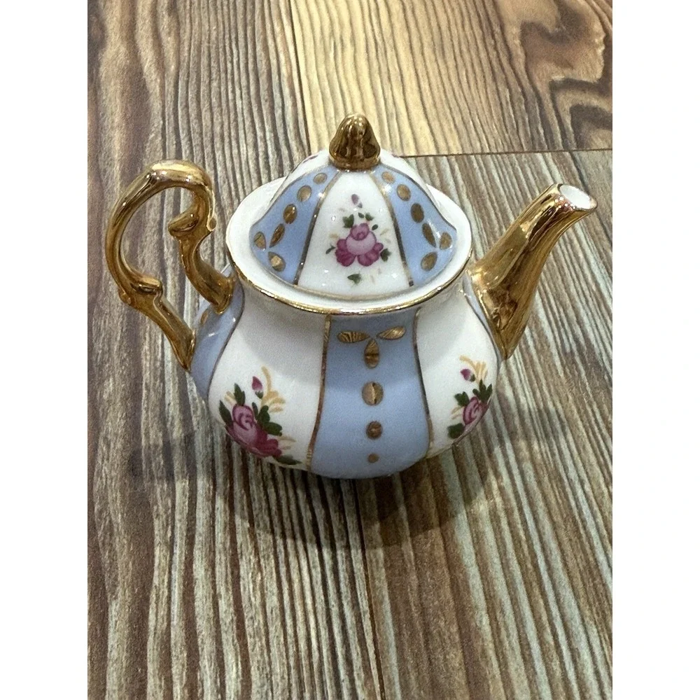 Miniature Blue and White w/ Pink Rose Design, Gold Trim Porcelain Teapot 3